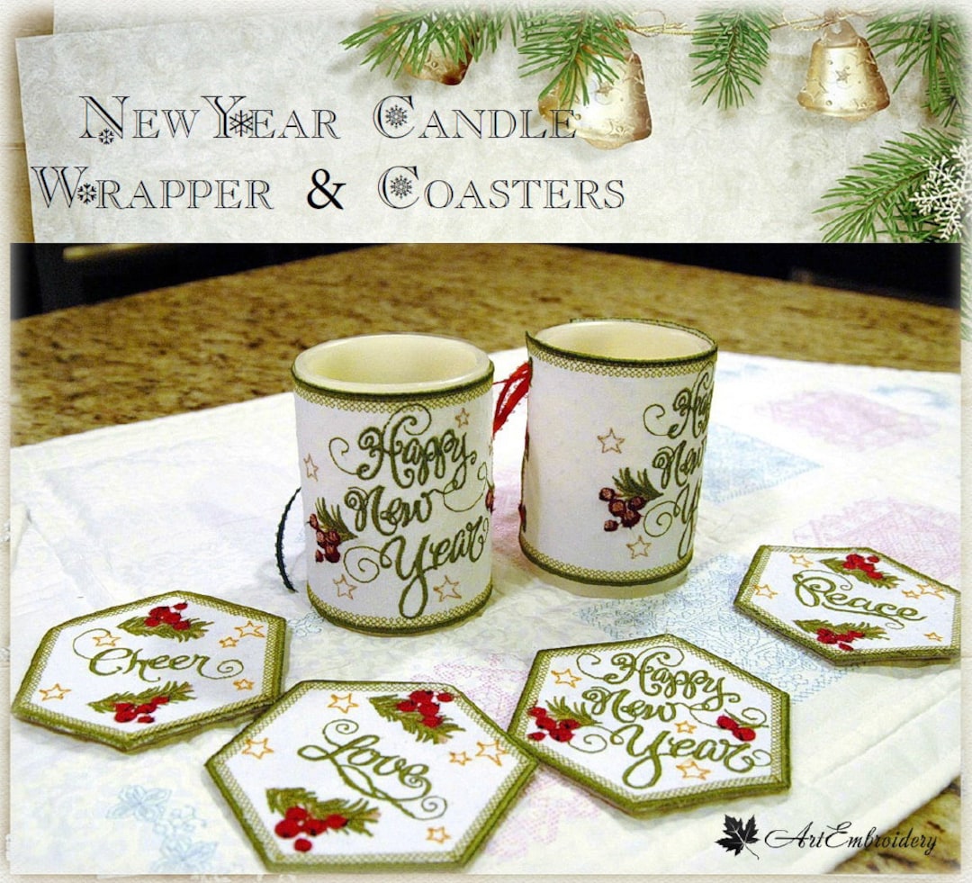 New Year Candle Wrapper & Coaster Embroidery Designs: 5x7 ITH Applique ...