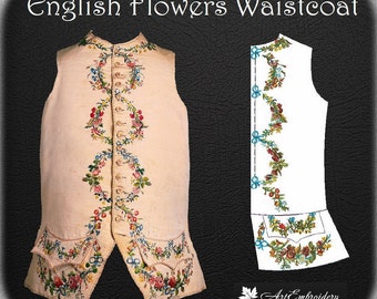 English Flowers Waistcoat - Embroidery Designs Set for hoop 6x8, for Historical 18 Century Costume Reproduction