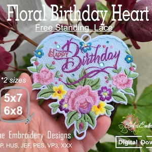 Coeur d'anniversaire floral FSL – motif de dentelle ITH de broderie machine - projets en 2 tailles pour les tailles de cadre 5 x 7", 6 x 8"