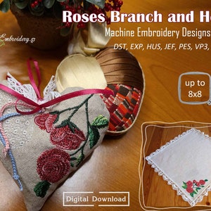 Roses Branch and Heart - Set of 3 Machine Embroidery Applique, Flowers and In-the-Hoop (ITH) Designs in 2 sizes for hoop 4x4, 5x5 and 8x8&quot;
