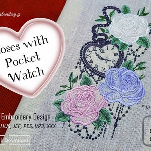 Roses and Pocket Watch Machine Embroidery Design (Digital Download)