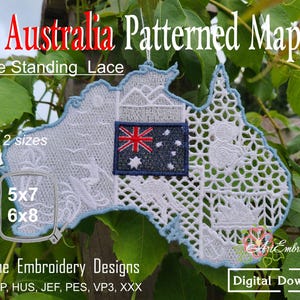 May include: A white, free-standing lace embroidery of the Australian continent, outlined in light blue. The design includes the Australian flag and various iconic imagery. Text on the image reads "Australia Patterned Map" and "Machine Embroidery Designs".