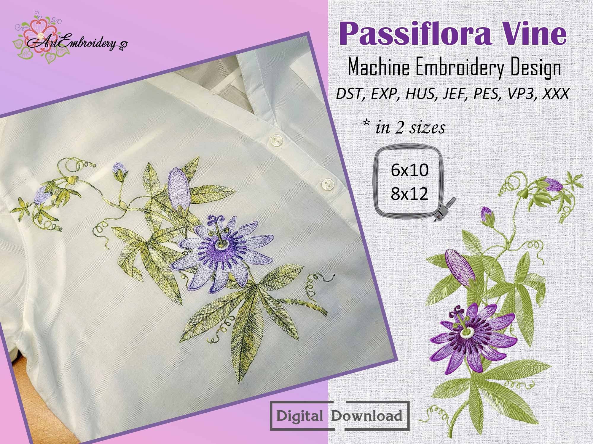 Passiflora Vine Machine Embroidery Design: Botanical Flower (6x10\, image size:2000x1500