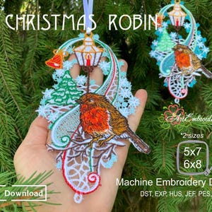 FSL Christmas British Robin - Design de renda independente para bordado à máquina em 2 tamanhos para bastidores de 5x7" e 6x8"