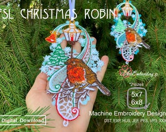 FSL Christmas British Robin -  Machine Embroidery Freestanding Lace Design in 2 sizes for hoops 5x7&quot; and 6x8&quot;