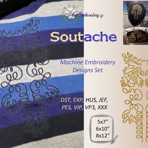 以下が含まれることがあります： スワッチ用のミシン刺繍デザインセット。ストライプのセーターに白黒のデザイン、白い背景に金色のデザインが施されています。デザインは、5x7インチ、6x10インチ、8x12インチの複数のサイズでご利用いただけます。含まれるファイル形式は、DST、EXP、HUS、JEF、PES、VIP、VP3、XXXです。