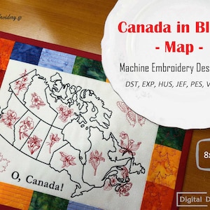 Può includere: Set di disegni per ricamo a macchina del Canada in fiore, con una mappa del Canada con disegni floreali in ogni provincia. Il disegno misura 8x12 pollici e include il testo "O, Canada!" in basso. Il disegno è disponibile nei formati DST, EXP, HUS, JEF, PES, VP3 e XXX.