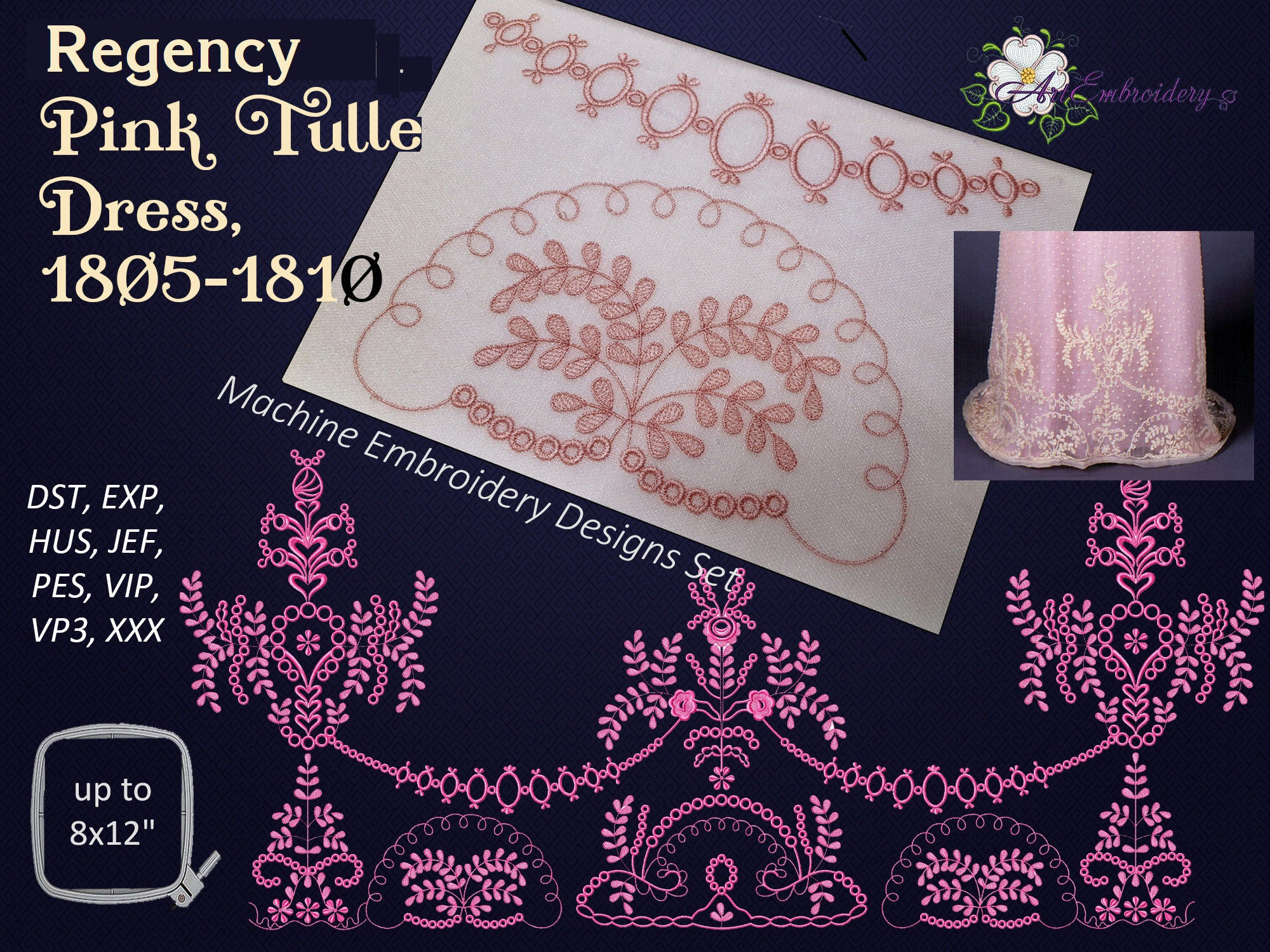 Regency Pink Tulle Dress, 1805-1810 - Machine Embroidery