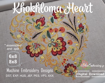 Khokhloma Heart Embroidery Design: Folk Floral Machine Pattern