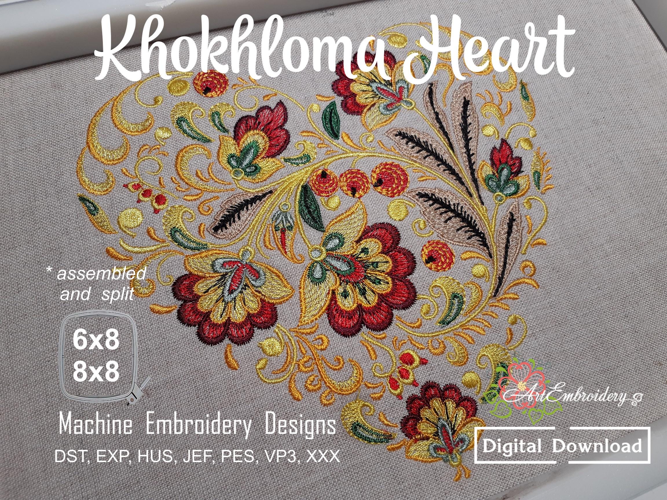 Embroidery Italian Fashion フェデリコロッカ　刺繡 Khokhloma Heart Embroidery Design: Folk Floral Machine Pattern