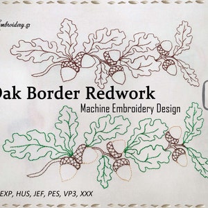 May include: Machine embroidery design of an oak leaf border with acorns in red and green thread. The design is available in 6x8 and 6x10 hoop sizes.  The design is available in the following formats: DST, EXP, HUS, JEF, PES, VP3, XXX.