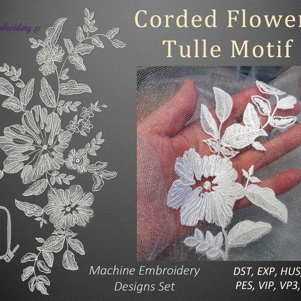 Corded Flowers Tulle Motif - Machine Embroidery Lace Design assembled and  split.