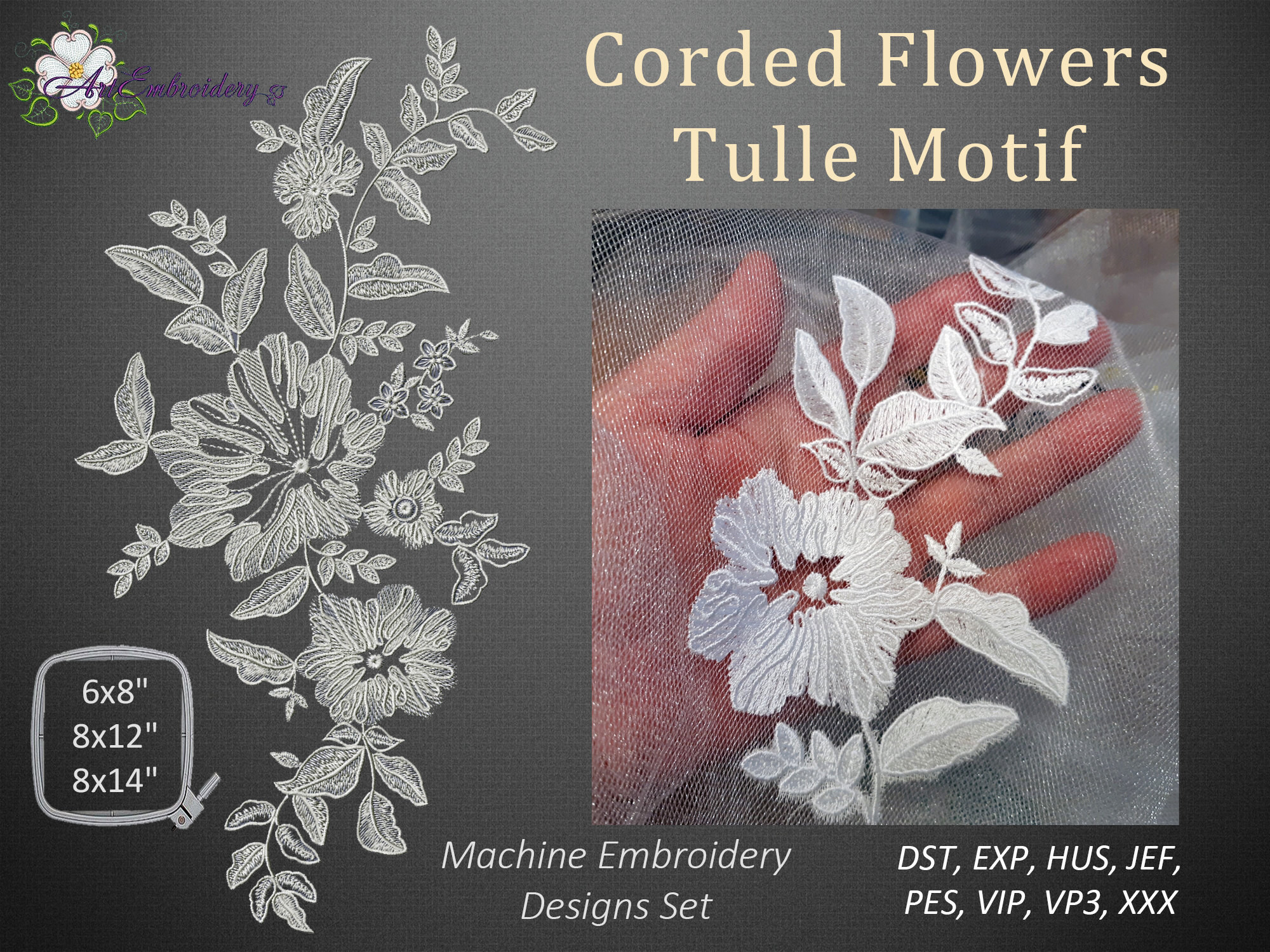 Corded Flowers Tulle Motif - Machine Embroidery Lace Design