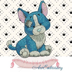 May include: A blue and gray embroidered cartoon dog sitting on a pink pillow with a crown pattern background.