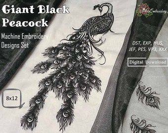 Giant Black Peacock – Machine Embroidery Bird  and  Feathers Designs Set for hoop 8x12" suitable  for  tulle or organza