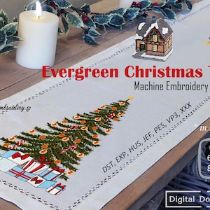 Könnte beinhalten: Maschinenstickdesign eines immergrünen Weihnachtsbaums mit Geschenken darunter. Das Design ist in drei Größen erhältlich: 15,2 x 20,3 cm, 15,2 x 25,4 cm und 20,3 x 30,5 cm. Das Design heißt "Evergreen Christmas Tree".