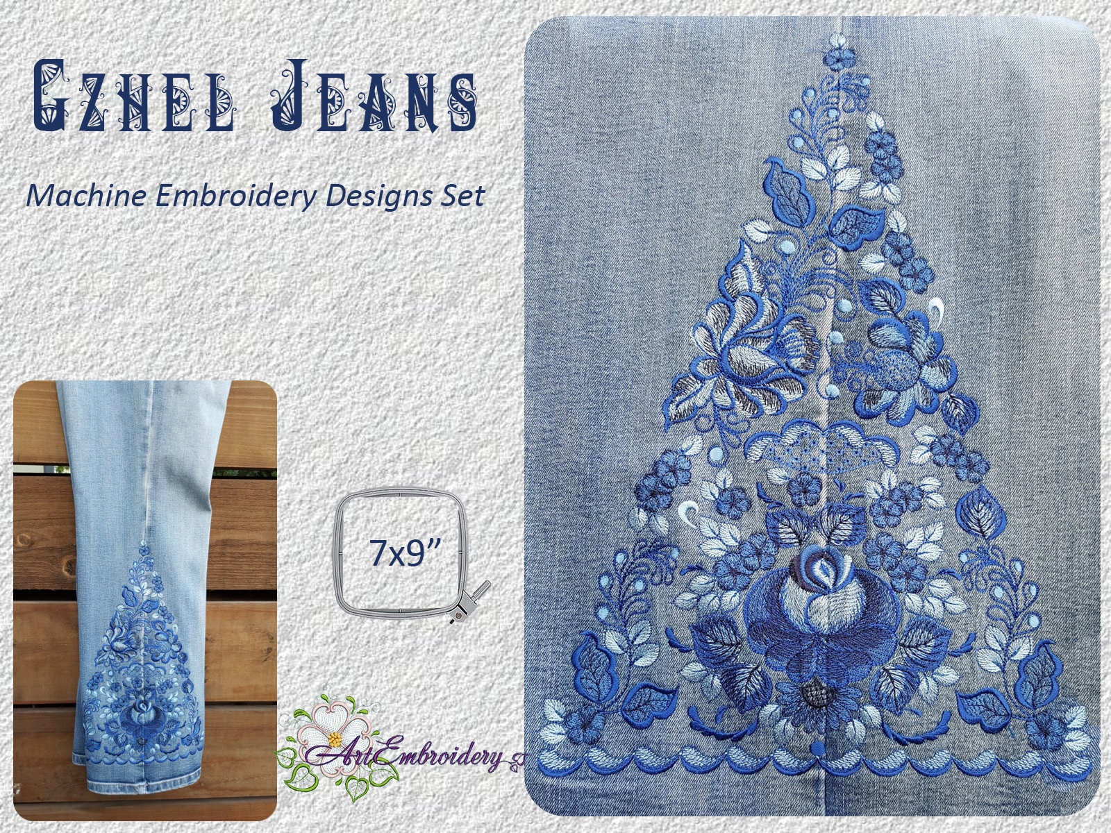 【即決済限定】rosyluce EMBROIDERY DENIM SET Gzhel Jeans (gzhel, Blue Flower, Folk Floral Ornament) - Machine