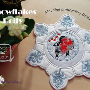 Snowflakes Placemat in  snowflake  shape with bullfinch bird in center - ITH,  Machine Embroidery Doily Design for hoops 5x5&quot; un  up to 6x10