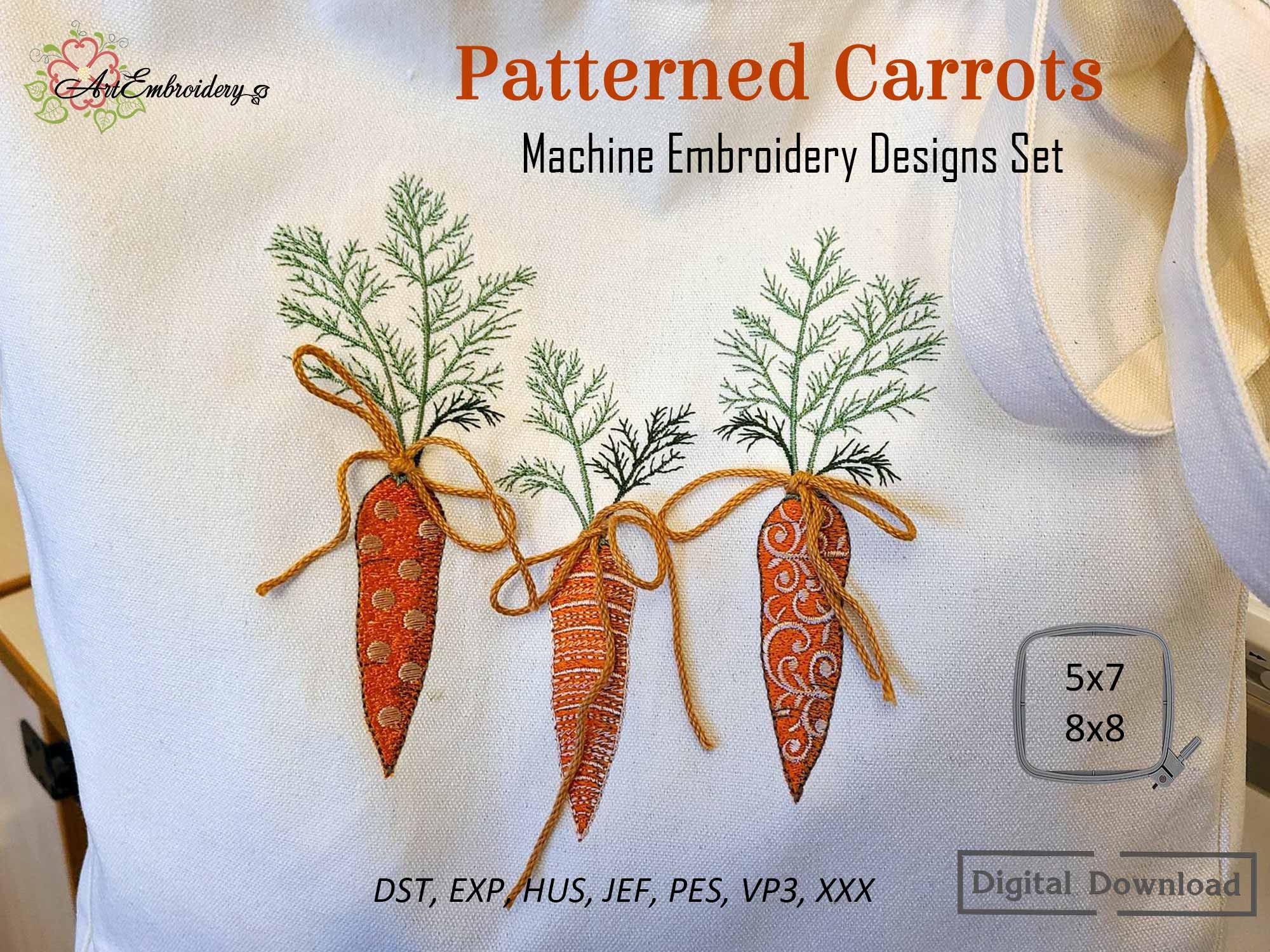 Patterned Carrots - Machine Embroidery Vegies Designs Set for hoop 5x7" and 8x8"