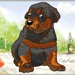 Rottweiler Dog - Machine Embroidery Patched Animal  Design  in Cartoon Style in 2 sizes for hoop for hoops 4x4" and 5x5"