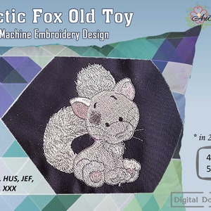 May include: Machine embroidery design of a gray and white arctic fox with a black nose and eyes. The design is available in two sizes: 4x4 inches and 5x5 inches.  The design is called "Arctic Fox Old Toy".