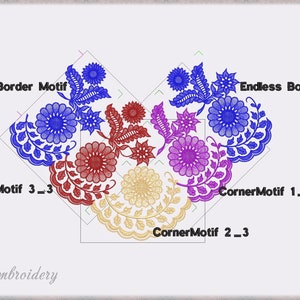 Puede incluir: Un dise&ntilde;o de bordado digital con cuatro motivos de esquina en rojo, azul, morado y amarillo, con un motivo de borde repetitivo en azul. El dise&ntilde;o est&aacute; etiquetado como "CornerMotif 3_3", "CornerMotif 1_3", "CornerMotif 2_3" y "Endless Border Motif".