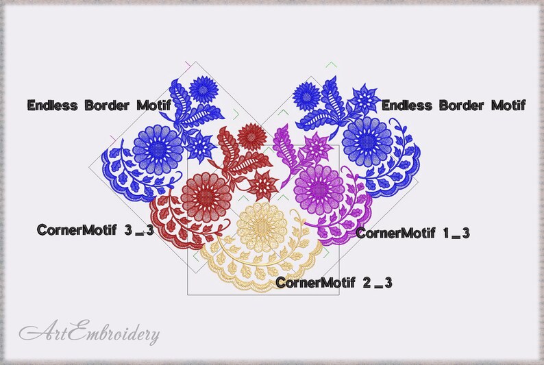 Puede incluir: Un dise&ntilde;o de bordado digital con cuatro motivos de esquina en rojo, azul, morado y amarillo, con un motivo de borde repetitivo en azul. El dise&ntilde;o est&aacute; etiquetado como "CornerMotif 3_3", "CornerMotif 1_3", "CornerMotif 2_3" y "Endless Border Motif".