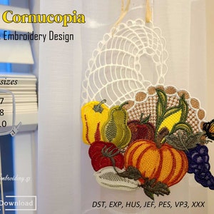 May include: A white crochet cornucopia filled with embroidered fruits and vegetables, including a pumpkin, pear, grapes, and a butterfly. The design is available in three sizes: 5x7, 6x8, and 6x10 inches. The text "FSL Cornucopia Machine Embroidery Design" is at the top of the image.