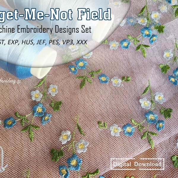 Forget-Me-Not Field – Machine Embroidery Flowers Designs Set for making embroidered fabric by using hoop 6x8" or size up to 8x12"