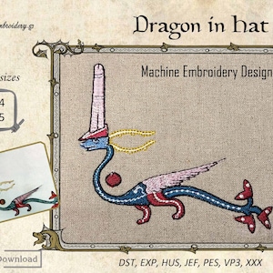 Dragon au chapeau - broderie machine créature mystique en 2 tailles pour cerceau 4 x 4 ", 5 x 5" du bestiaire médiéval manuscrit enluminé.