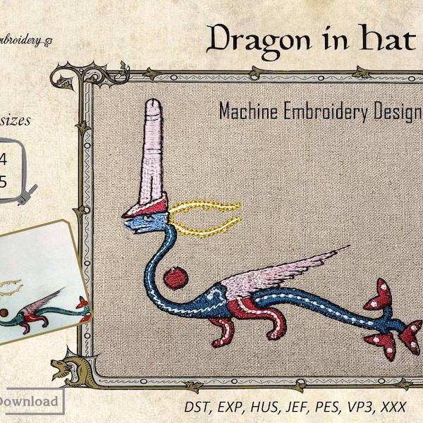 Dragon in Hat - Machine Embroidery Mystical Creature Design in 2 sizes for hoop 4x4", 5x5" from Medieval illuminated manuscript bestiary.