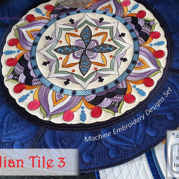 Italian Ceramic Tile 3  ITH In the Hoop Round Doily in three assembled doily sizes for hoop from 6x8"  up to 12x12"