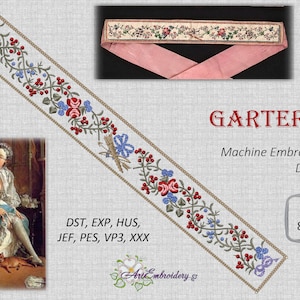 May include: A machine embroidery design for a floral garter with red, blue, and green flowers. The design is available in 5x7 and 8x12 inch sizes. The design is called "Garter F" and is available in the following formats: DST, EXP, HUS, JEF, PES, VP3, and XXX.