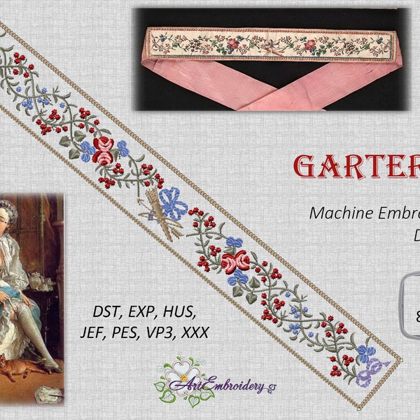 Garter F - Machine Embroidery Design for hoop 5x7" and 8x12", created from Historical French 18th century museum garter