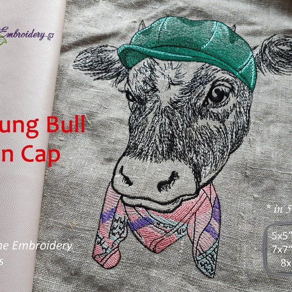 Young Bull in Cap with Scarf  Machine Embroidery Design in five sizes