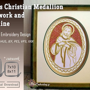 Jesus Christian Medallion - Machine Embroidery Design Outline in 3 sizes for hoop 5x7, 6x8, 6x10&quot; & Cutwork in 2 sizes for hoop 7x10, 8x11&quot;