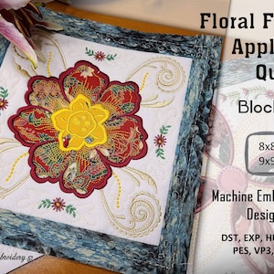 May include: Machine embroidery design for a floral applique quilt block. The design features a large red flower with yellow centre and intricate details. The block is 8x8 inches and 9x9 inches. The design is available in DST, EXP, HUS, JEF, PES, VP3, and XXX formats.