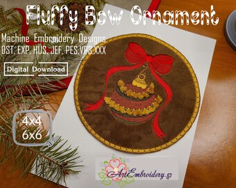 May include: Machine embroidery design of a fluffy red bow ornament with a gold and red Christmas ball. The design is available in multiple formats, including DST, EXP, HUS, JEF, PES, VP3, and XXX. The design is 4x4 and 6x6 inches.