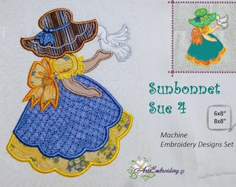 Può includere: Set di disegni per ricamo a macchina di una ragazza con un vestito blu e un cappello da sole a righe marroni e bianche che tiene un piccione bianco. Il disegno si chiama "Sunbonnet Sue 4" ed è disponibile nelle dimensioni 6x8 e 8x8 pollici.