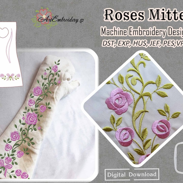 Roses Mittens - Machine Embroidery  Designs for 18th  century costumes accessories,  for hoop 6x8" and 9x14"