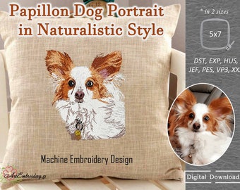 Papillon Dog Portrait - Naturalistic Style - Machine Embroidery Pets Animal Design in 2 sizes for hoop 5x7"