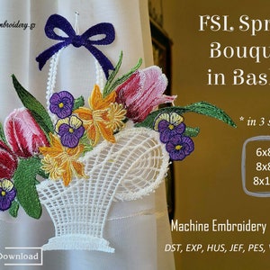 FSL バスケット入り春の花束 - サンキャッチャー - ITH プロジェクト 機械刺繍 フリースタンディング レース デザイン 3 サイズ フープ 6x8、8x8、8x10"