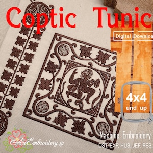 Könnte beinhalten: Bild von Maschinenstickmustern, darunter eine koptische Tunika. Die Designs zeigen komplizierte braune Muster auf cremefarbenem Hintergrund, mit einem quadratischen Design und einer Tunika. Der Text "Coptic Tunic" wird angezeigt.