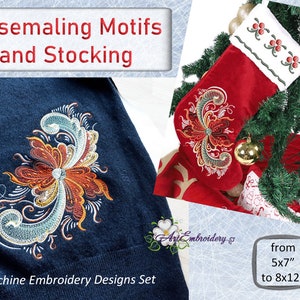 Rosemaling モチーフとストッキングマシン刺繍デザインセット、ベリーボーダー、4サイズの花柄モチーフ、ストッキング付き - 最大8x12のミックスフープ
