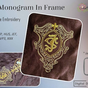 Könnte beinhalten: Ein goldenes Monogramm-Stickmuster der Buchstaben "SJ" in einem dekorativen Rahmen. Das Design ist in drei Größen erhältlich: 5x7 Zoll, 6x8 Zoll und 8x8 Zoll. Das Stickmuster ist für die Maschinenstickerei bestimmt und in folgenden Formaten erhältlich: DST, EXP, HUS, JEF, PES, VP3 und XXX.
