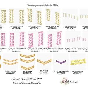 May include: A set of 12 machine embroidery designs for general officer's coats from 1782. The designs include various details like lapels, inner jacket lapels, back panels, pockets, sleeves, cuffs, collar ends, and a  epaulet. The designs are in gold, pink, and purple.