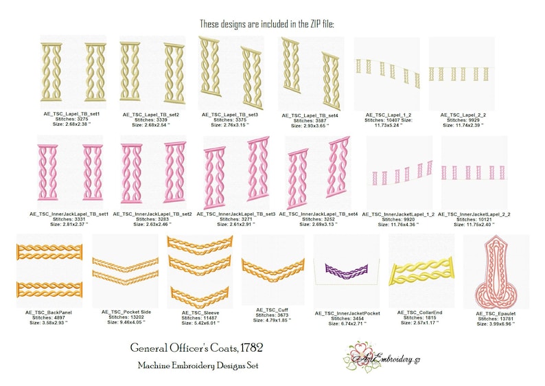 May include: A set of 12 machine embroidery designs for general officer's coats from 1782. The designs include various details like lapels, inner jacket lapels, back panels, pockets, sleeves, cuffs, collar ends, and a  epaulet. The designs are in gold, pink, and purple.
