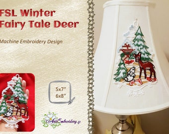 FSL Winter Fairy Tale Deer  -  Machine Embroidery Freestanding Lace Design in two Sizes for Hoop 5x7 and 6x8&quot;