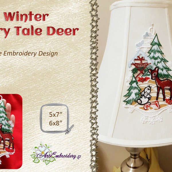 FSL Winter Fairy Tale Deer  -  Machine Embroidery Freestanding Lace Design in two Sizes for Hoop 5x7 and 6x8"