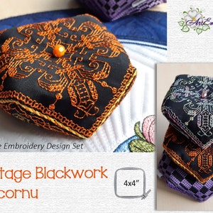 Vintage Blackwork Biscornu and  Greeting card -  Machine Embroidery Project Designs Set for hoop 4x4&quot;